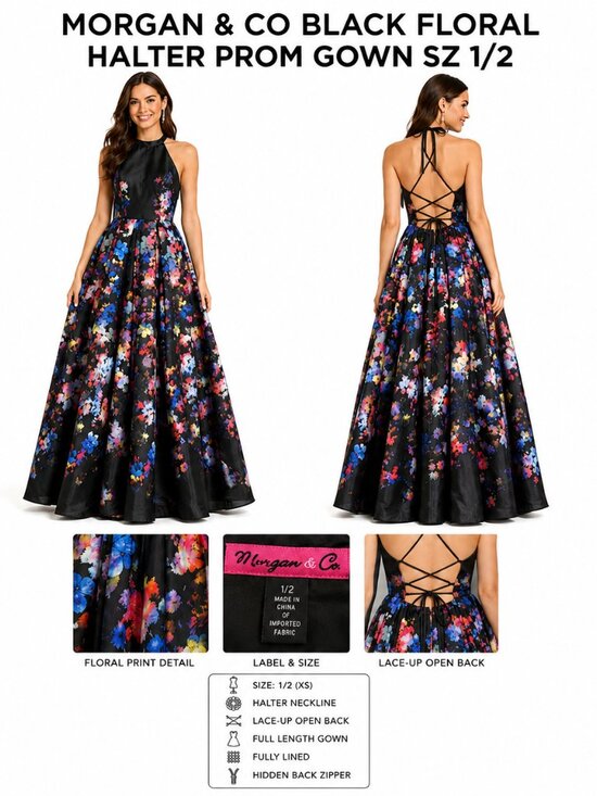 Morgan & Co. Dresses & Skirts - MORGAN & CO BLACK FLORAL HALTER PROM GOWN SZ 1/2